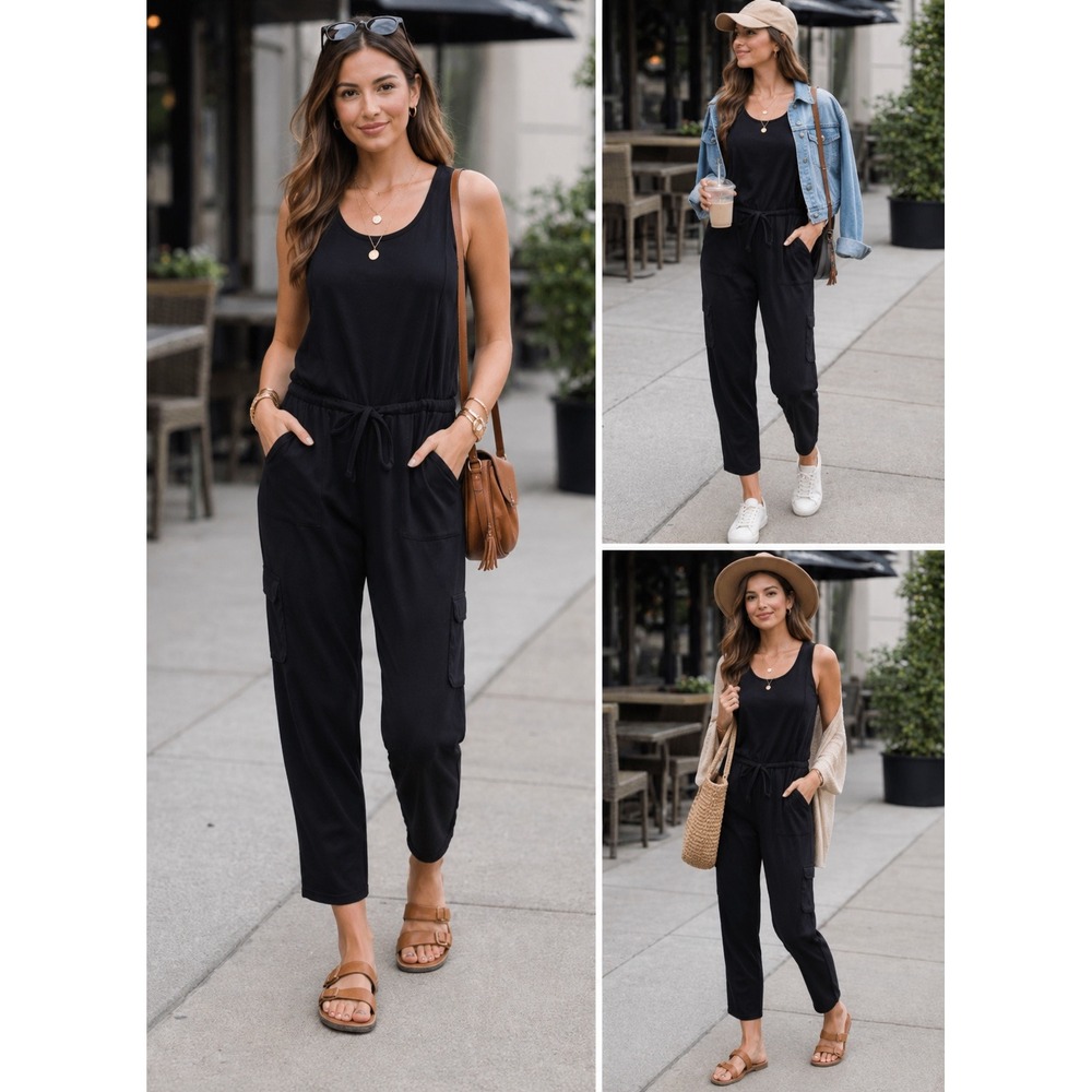 MUK LUKS Black Sleeveless Jumpsuit Casual Travel Lounge Athleisure Pockets Small